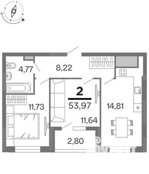 2-к квартира, строящийся дом, 54м2, 8/15 этаж