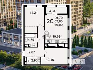1-к квартира, вторичка, 66м2, 21/26 этаж
