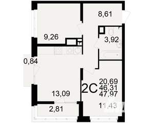 2-к квартира, вторичка, 46м2, 9/25 этаж