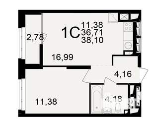 1-к квартира, вторичка, 37м2, 13/25 этаж