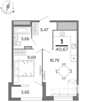 1-к квартира, строящийся дом, 41м2, 6/15 этаж