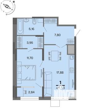 1-к квартира, вторичка, 49м2, 9/22 этаж