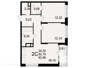 2-к квартира, вторичка, 64м2, 1/26 этаж