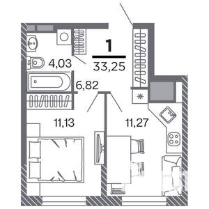 1-к квартира, строящийся дом, 33м2, 11/25 этаж