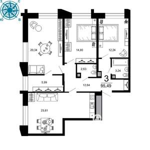 3-к квартира, вторичка, 95м2, 5/19 этаж