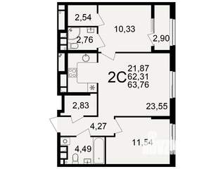 2-к квартира, вторичка, 62м2, 4/21 этаж