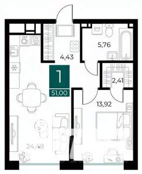 1-к квартира, вторичка, 51м2, 5/13 этаж