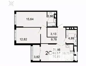 2-к квартира, вторичка, 71м2, 25/26 этаж