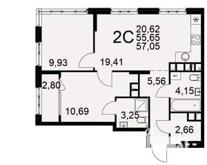 2-к квартира, вторичка, 56м2, 20/22 этаж