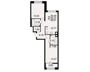 2-к квартира, вторичка, 59м2, 7/25 этаж