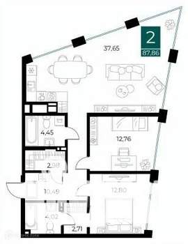 2-к квартира, вторичка, 88м2, 7/14 этаж