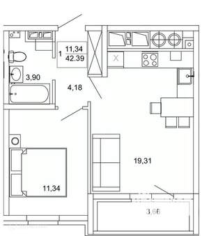 1-к квартира, вторичка, 42м2, 13/26 этаж