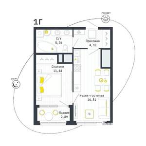 1-к квартира, строящийся дом, 40м2, 23/25 этаж