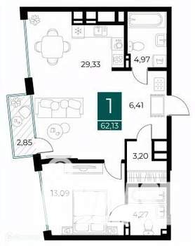 1-к квартира, вторичка, 62м2, 13/14 этаж