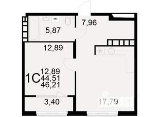 1-к квартира, вторичка, 45м2, 15/21 этаж