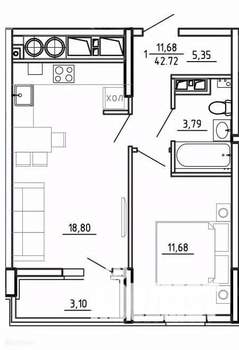 1-к квартира, вторичка, 43м2, 18/26 этаж