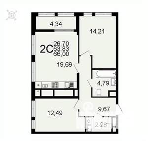 2-к квартира, вторичка, 66м2, 12/26 этаж