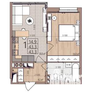 1-к квартира, вторичка, 43м2, 5/9 этаж