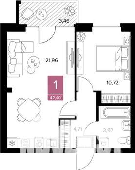 1-к квартира, вторичка, 42м2, 1/9 этаж