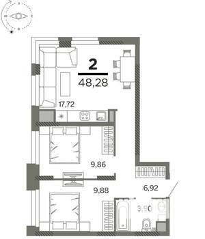 2-к квартира, вторичка, 48м2, 16/26 этаж