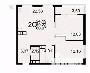 2-к квартира, вторичка, 61м2, 6/22 этаж
