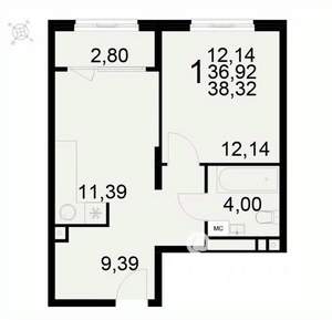 1-к квартира, вторичка, 38м2, 2/22 этаж