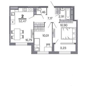 2-к квартира, строящийся дом, 52м2, 1/25 этаж