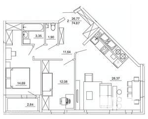 2-к квартира, вторичка, 75м2, 12/26 этаж