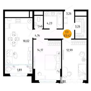2-к квартира, вторичка, 63м2, 11/25 этаж
