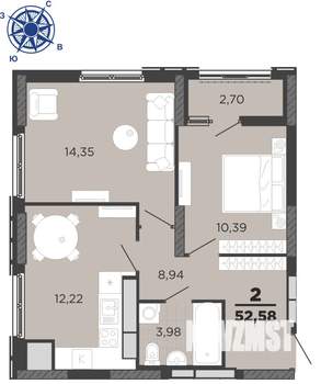 2-к квартира, вторичка, 53м2, 24/25 этаж