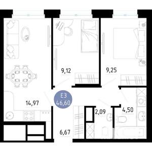 2-к квартира, вторичка, 47м2, 2/14 этаж