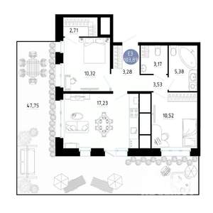 2-к квартира, вторичка, 104м2, 1/25 этаж