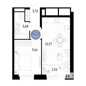 1-к квартира, вторичка, 34м2, 9/25 этаж