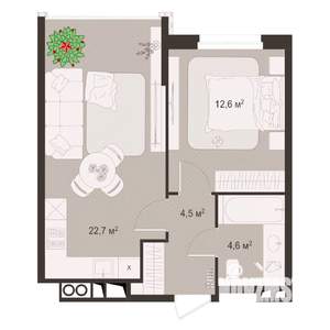 1-к квартира, строящийся дом, 44м2, 4/8 этаж
