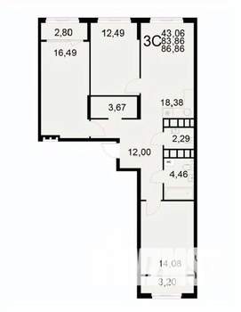 3-к квартира, вторичка, 87м2, 9/22 этаж