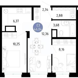 2-к квартира, вторичка, 46м2, 9/14 этаж