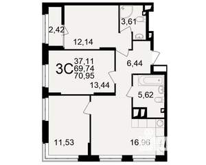 3-к квартира, вторичка, 70м2, 3/25 этаж