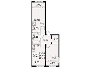 2-к квартира, вторичка, 57м2, 2/22 этаж