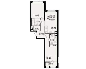 2-к квартира, вторичка, 59м2, 12/25 этаж