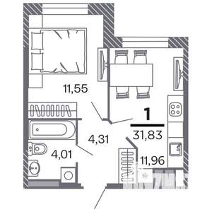 1-к квартира, строящийся дом, 32м2, 14/25 этаж