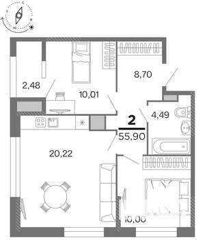 2-к квартира, строящийся дом, 56м2, 7/15 этаж
