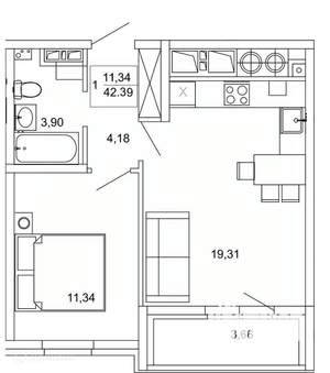 1-к квартира, вторичка, 42м2, 19/26 этаж