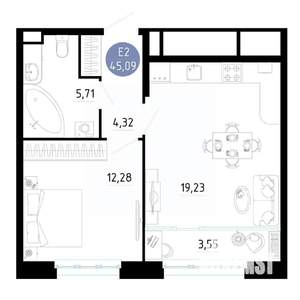 1-к квартира, вторичка, 45м2, 3/25 этаж