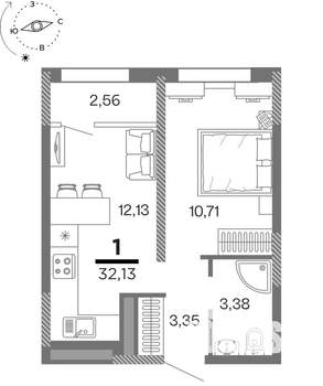 1-к квартира, вторичка, 32м2, 13/25 этаж