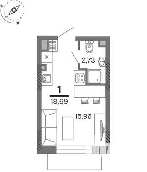 1-к квартира, вторичка, 19м2, 9/25 этаж