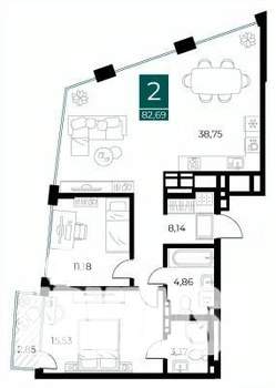 2-к квартира, вторичка, 83м2, 13/14 этаж