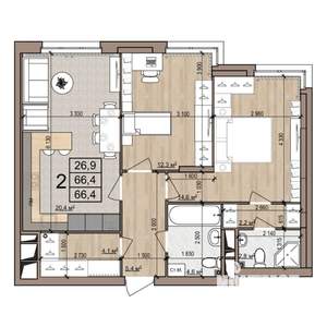 2-к квартира, строящийся дом, 66м2, 9/25 этаж