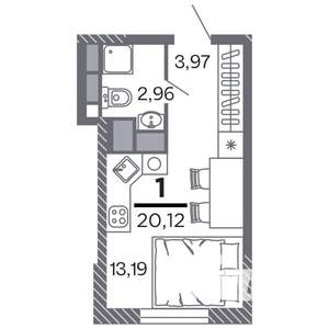 1-к квартира, строящийся дом, 20м2, 19/25 этаж