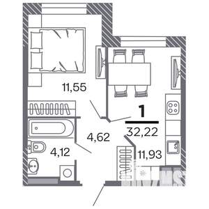 1-к квартира, строящийся дом, 32м2, 3/25 этаж