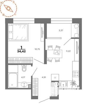 1-к квартира, вторичка, 34м2, 10/22 этаж